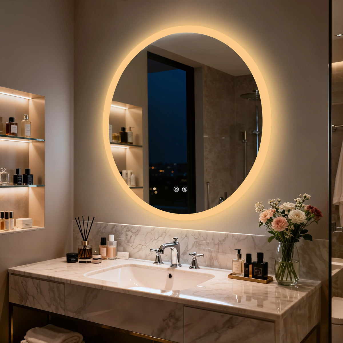 Round LED Bathroom Mirror With Anti Fog Dimmable Backlighting