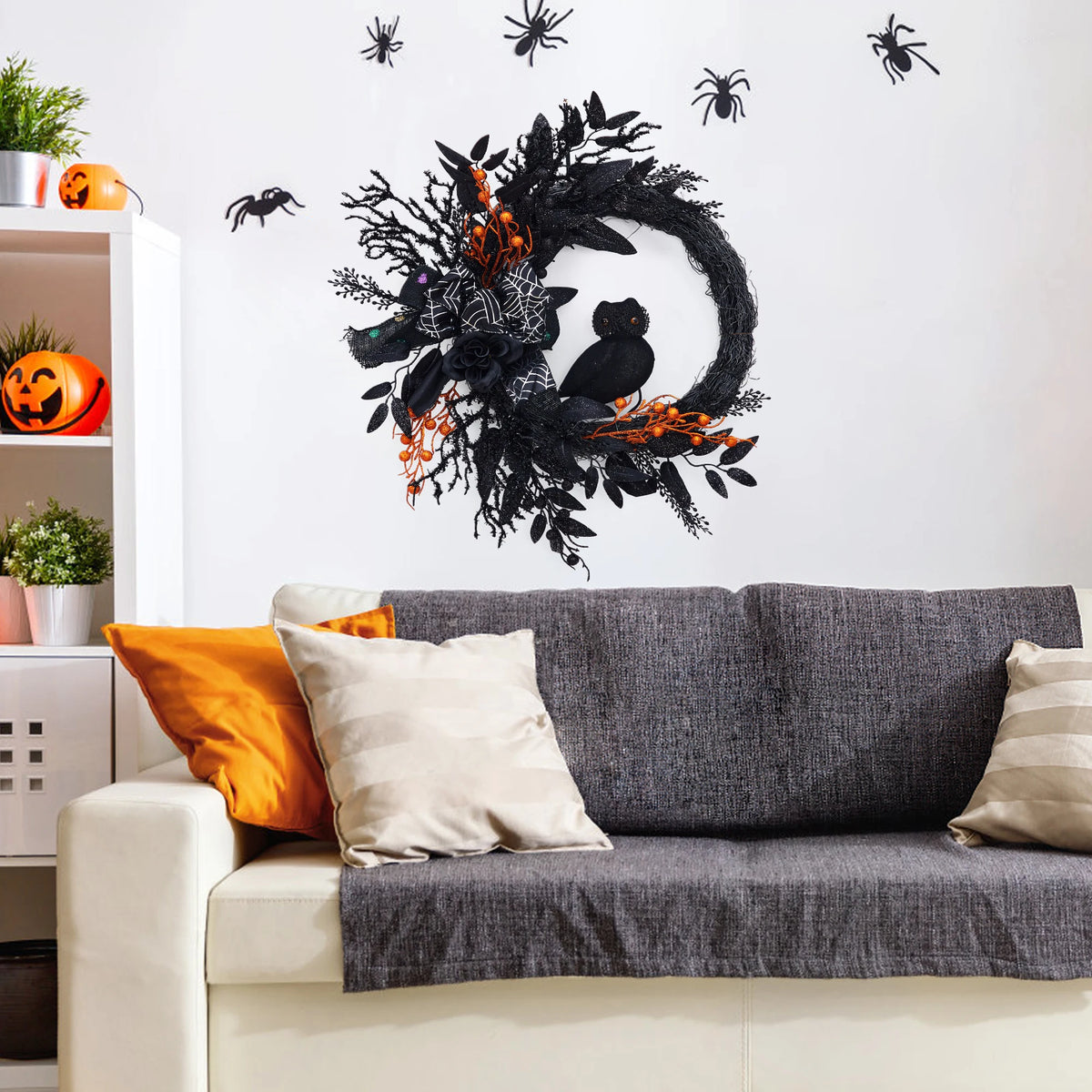 22 Inch Halloween Wreath, Black Artificial Wreath with Owl, Bow, Spider Web, Black Leaves and Orange Berries, Halloween Front Door Wall Decor for Home Party