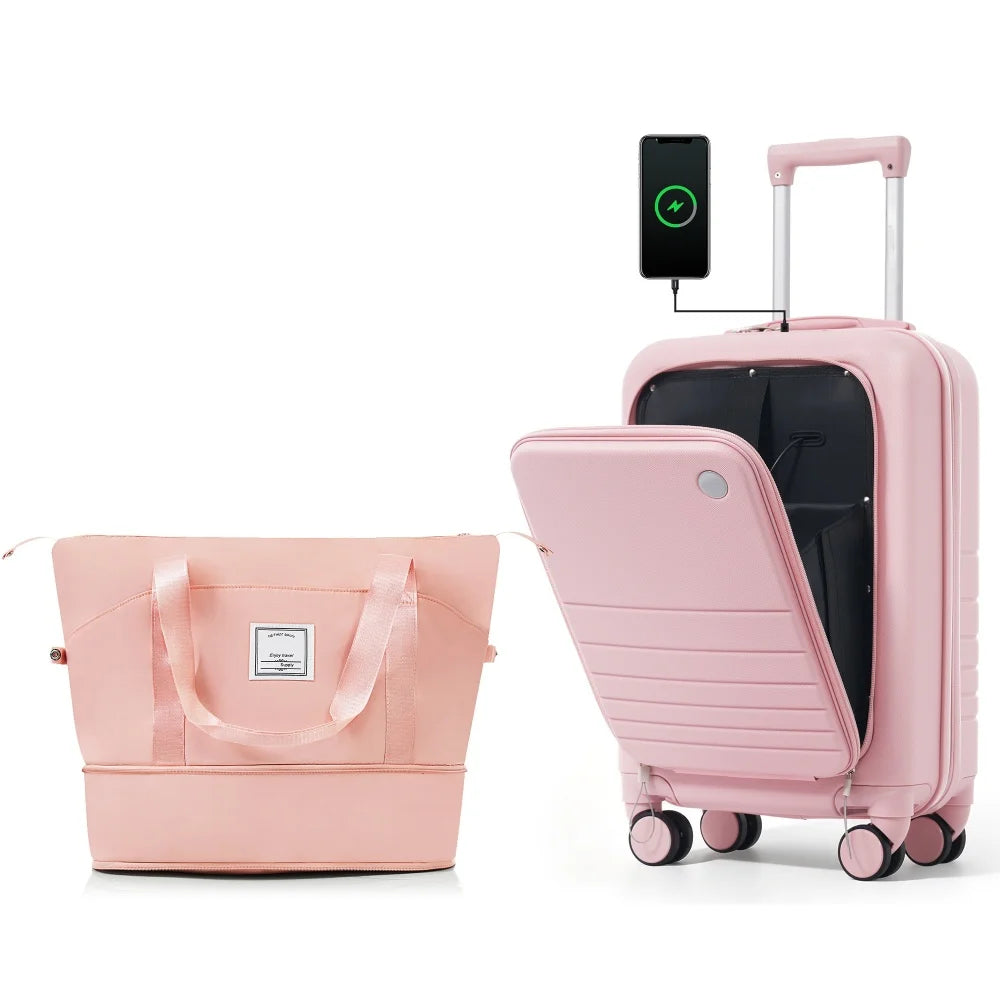 Expandable Carry On Luggage Travel Bag Set With USB Port
