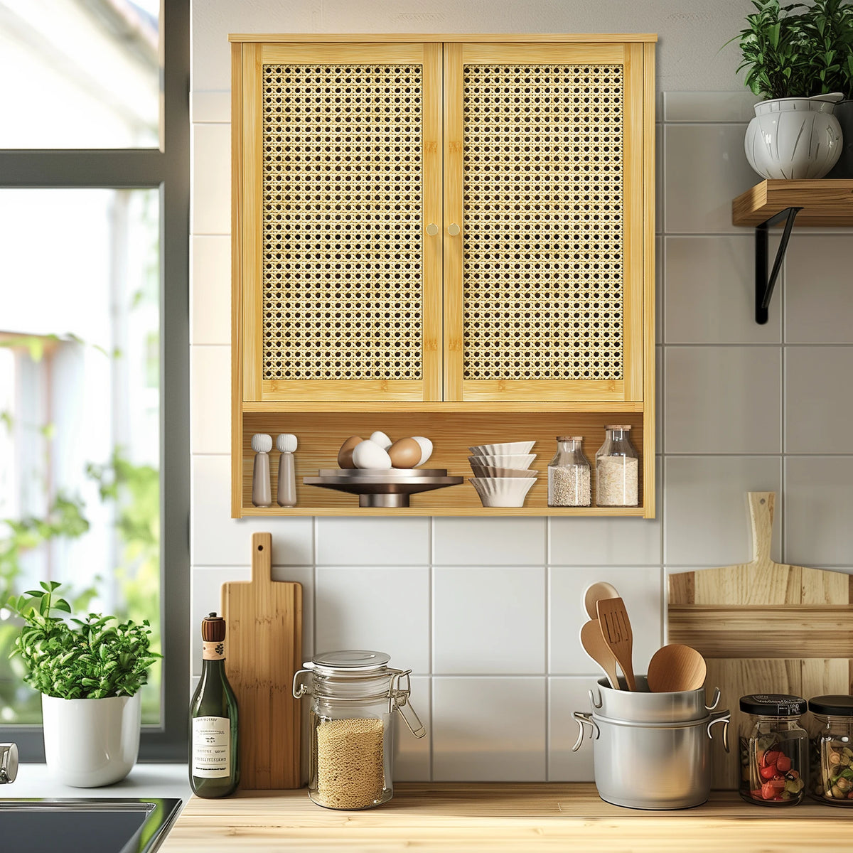 Wisfor Wall Mounted Bamboo Medicine Cabinet With Two Rattan Doors