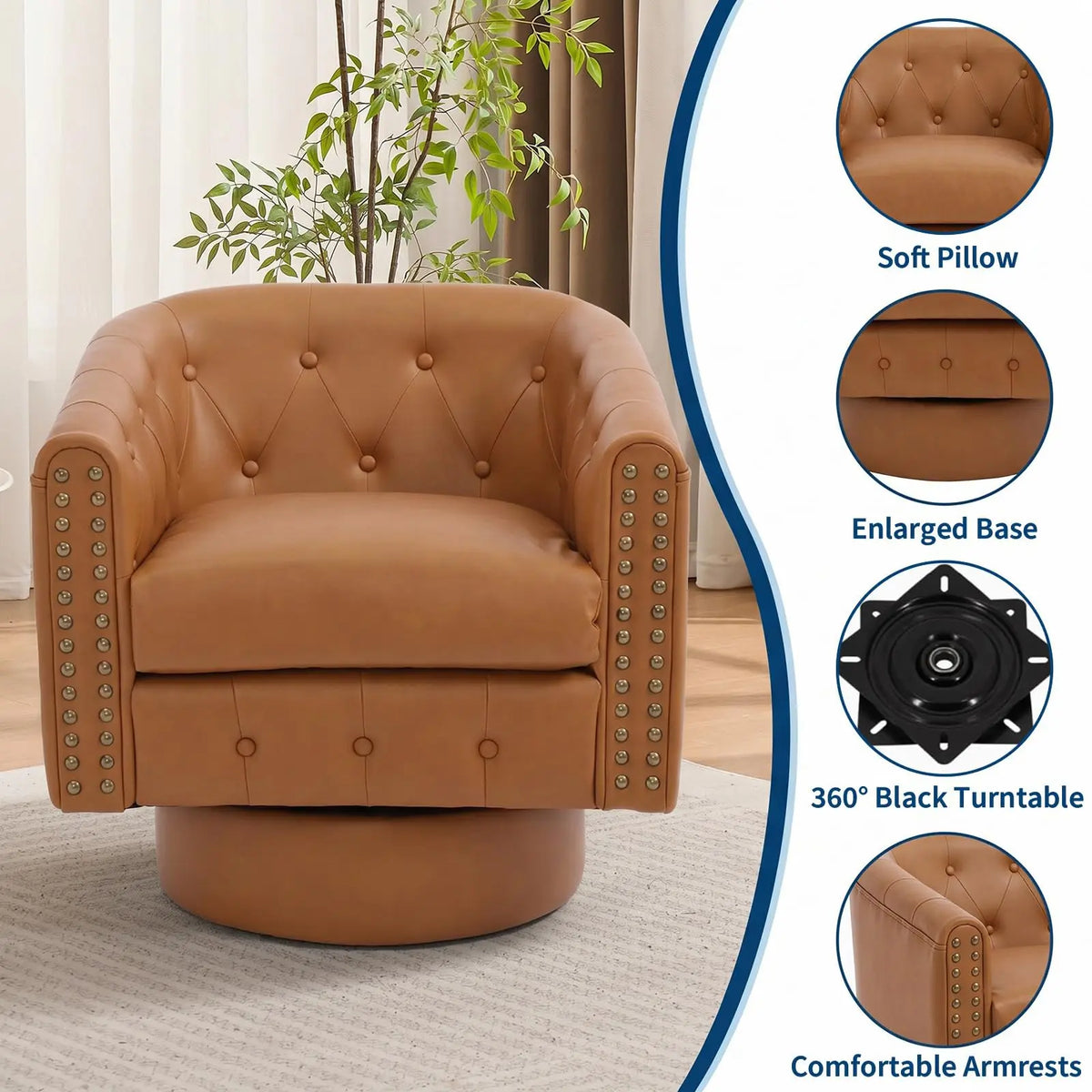 HiMISS Swivel Barrel Accent Chair With Riveted Leather Cushion