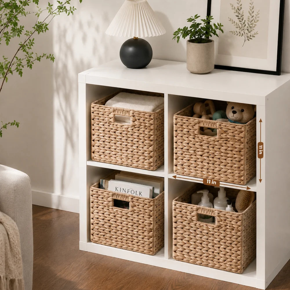 Water Hyacinth Folding Storage Baskets With Handles, Set Of 4