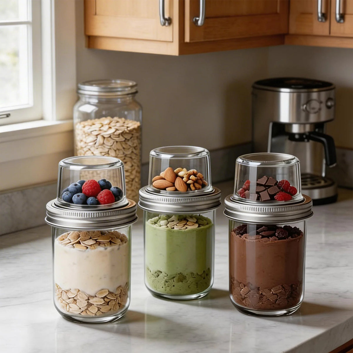 6-Pack Dual-Compartment Glass Jars | 16oz + 4oz Leak-Proof Overnight Oats Container | Crunchy & Fresh Food Storage | Portable Salad & Snack Jar with Spoon
