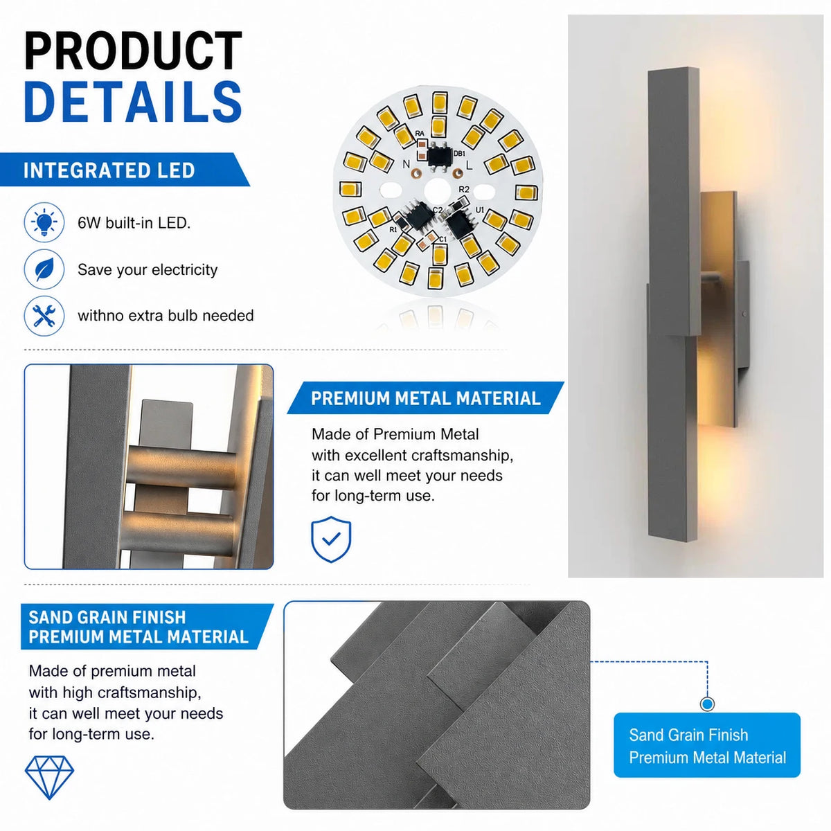 Dimmable LED Smart Outdoor Aluminum Wall Light Fixture