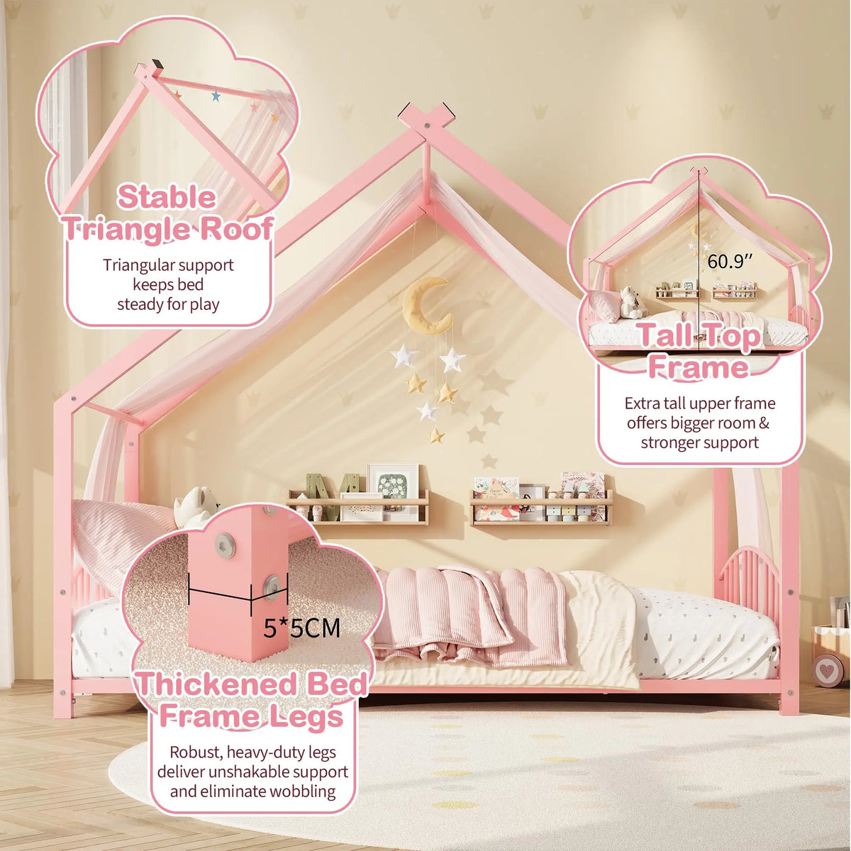 HiMISS Twin House Bed Frame With Safety Rails And Roof