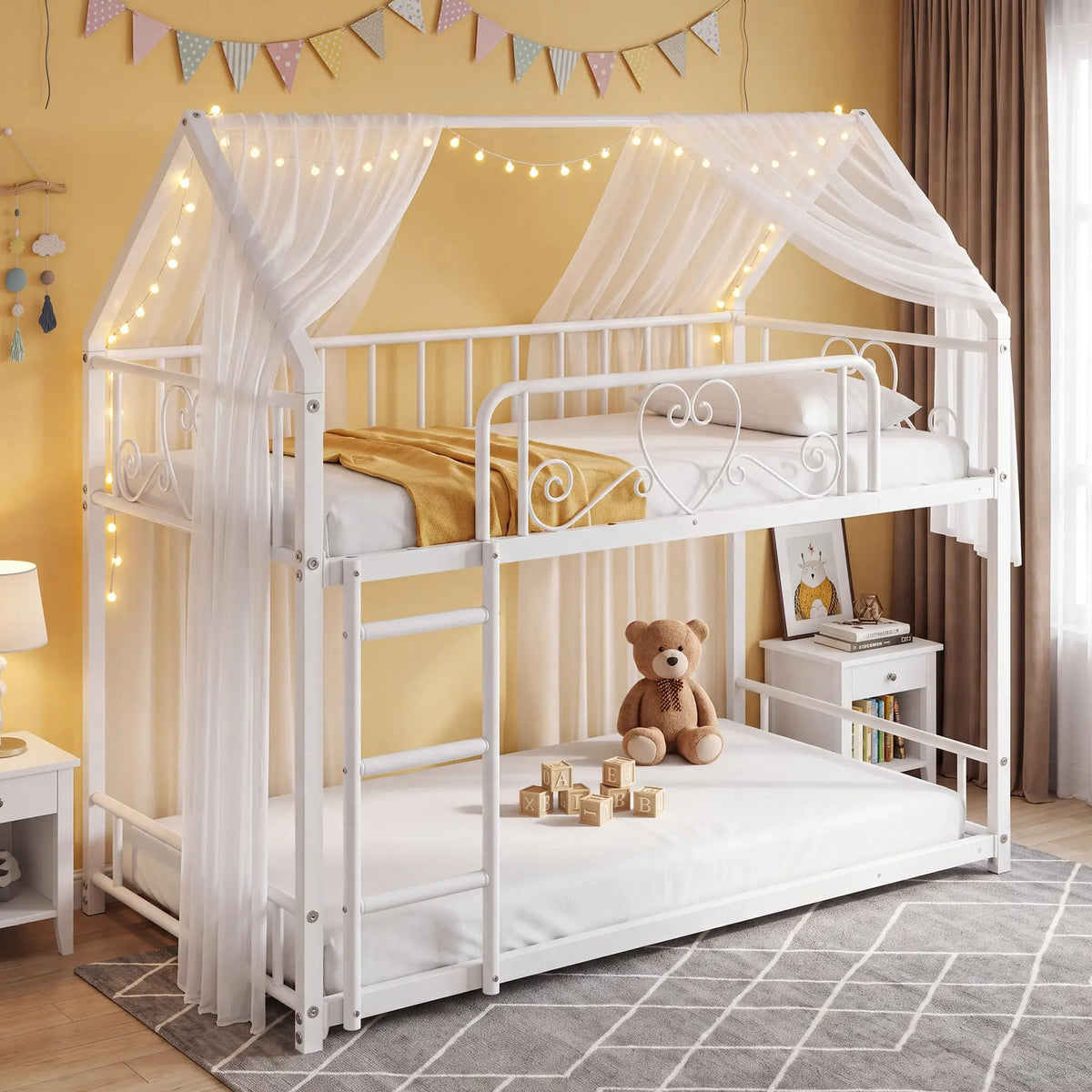 HiMISS House Style Metal Bunk Bed With Ladder And Guardrails